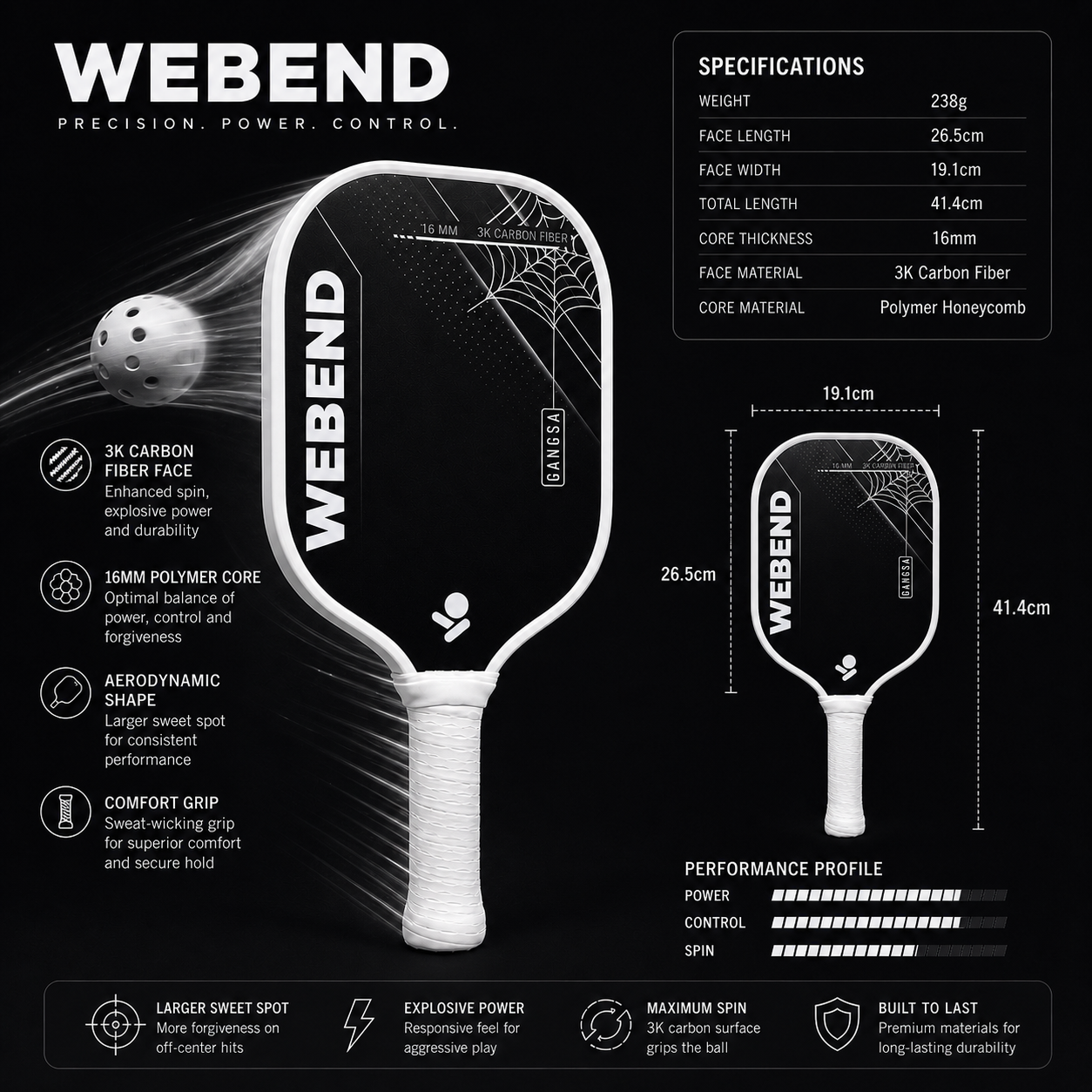 WEBEND 3k Carbon Fiber Pickleball Paddle - Web the Opponent, End the Game