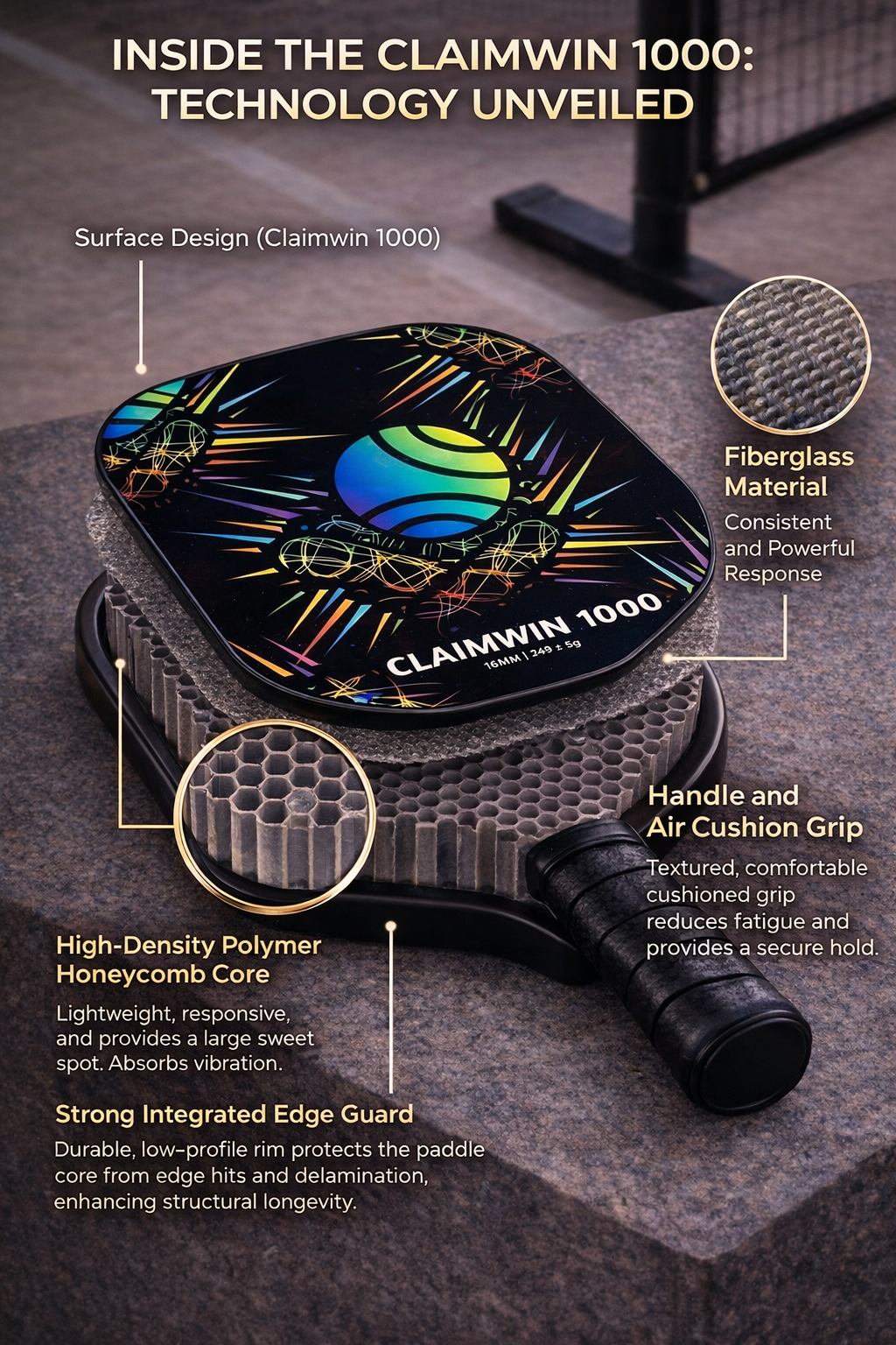 CLAIMWIN 1000 - 16mm Honeycomb Fiberglass Pickleball Paddle (4 Colours)